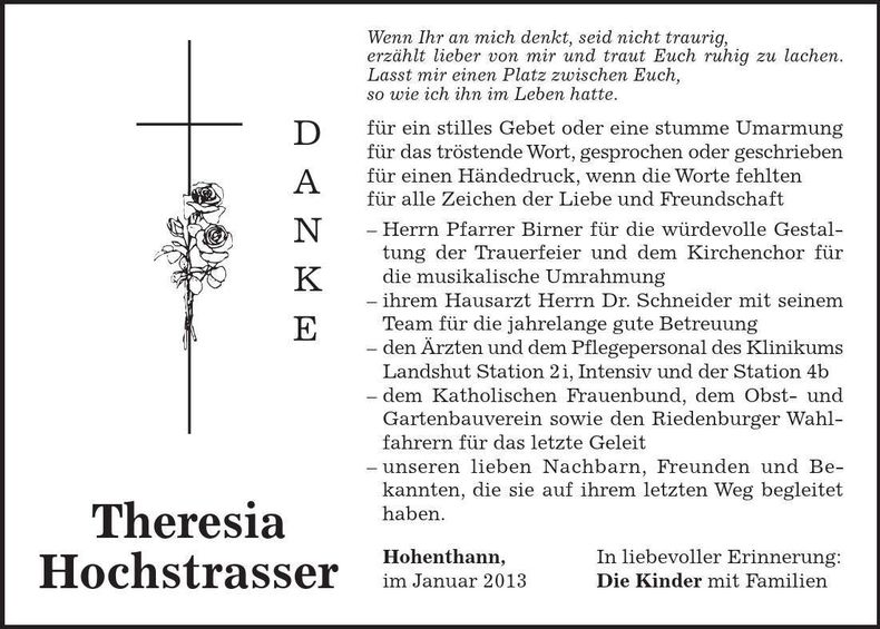 Traueranzeige Theresia Hochstrasser