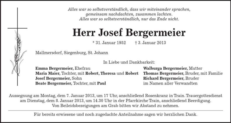 Traueranzeige Josef Bergermeier