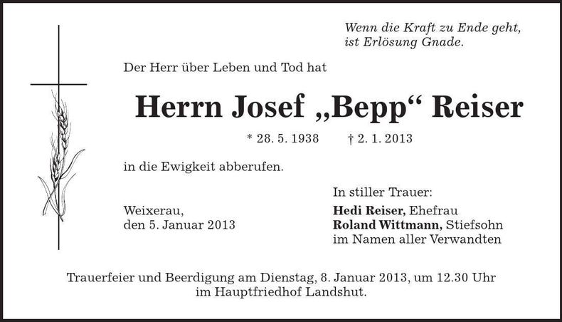 Traueranzeige Josef "Bepp" Reiser
