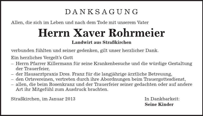Traueranzeige Xaver Rohrmeier