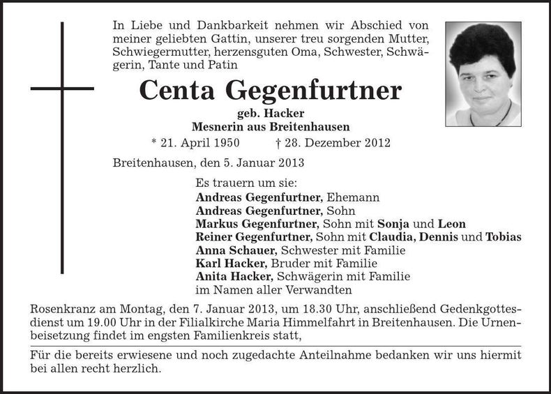 Traueranzeige Centa Gegenfurtner