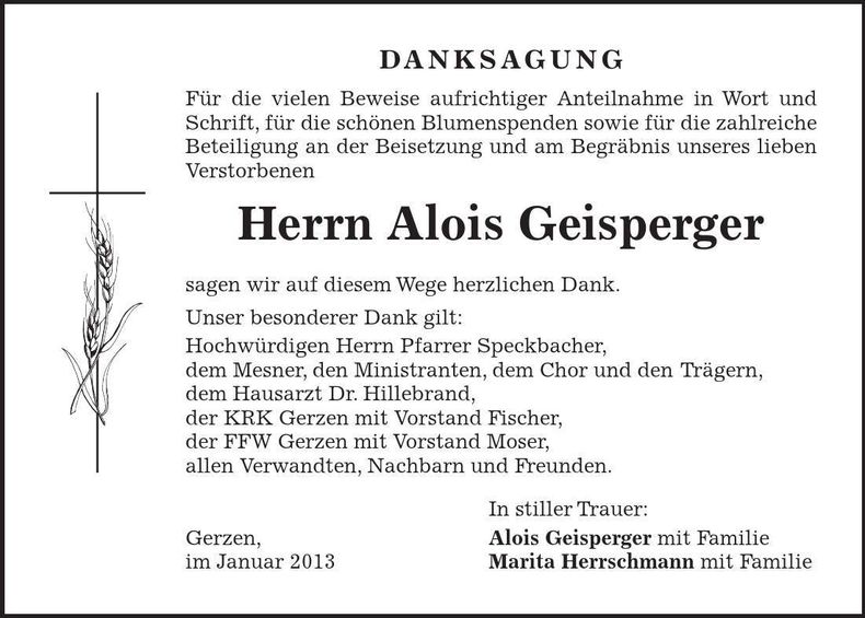 Traueranzeige Alois Geisperger