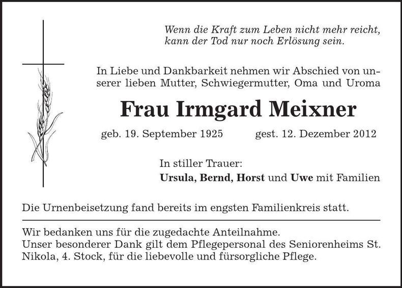 Traueranzeige Irmgard Meixner