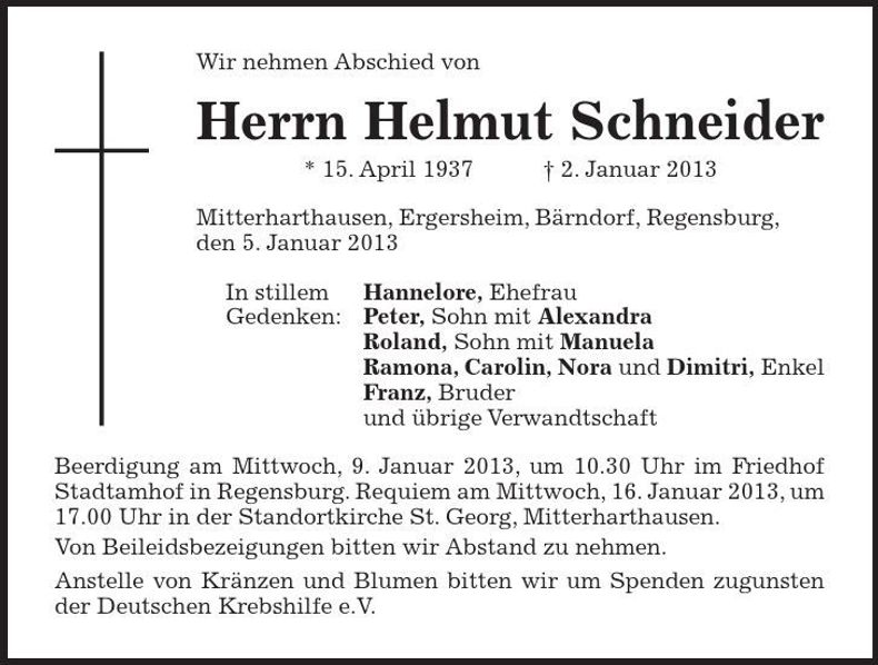 Traueranzeige Helmut Schneider