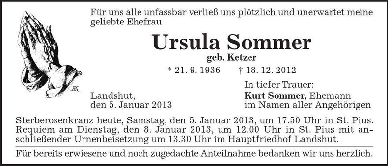 Traueranzeige Ursula Sommer