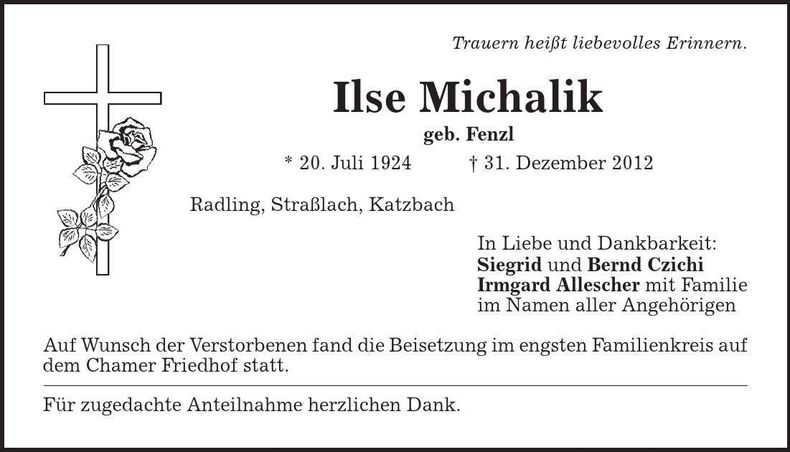 Traueranzeige Ilse Michalik