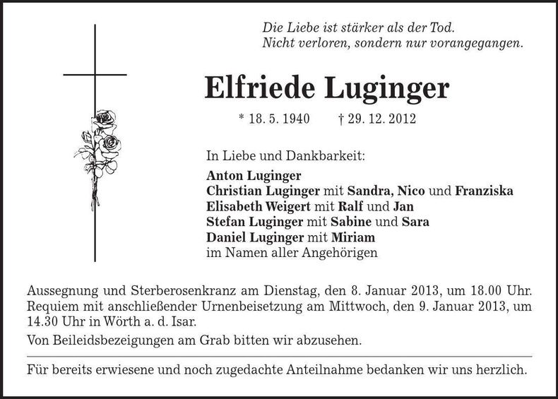 Traueranzeige Elfriede Luginger