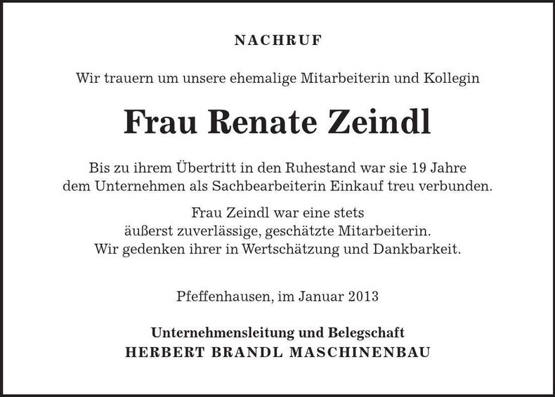 Traueranzeige Renate Zeindl