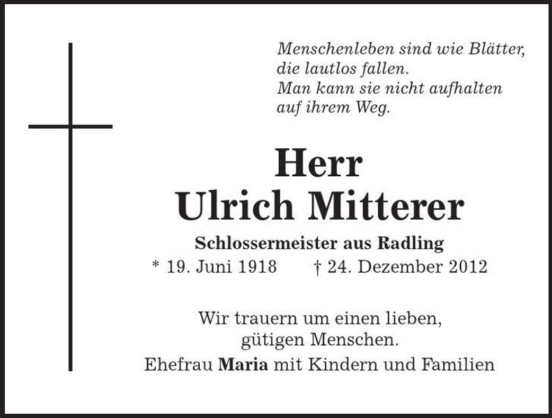 Traueranzeige Ulrich Mitterer