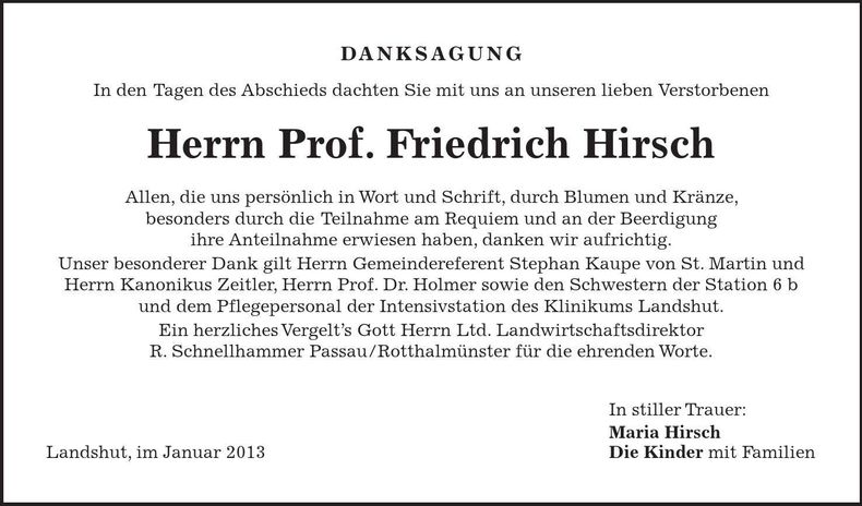 Traueranzeige Prof. Friedrich Hirsch