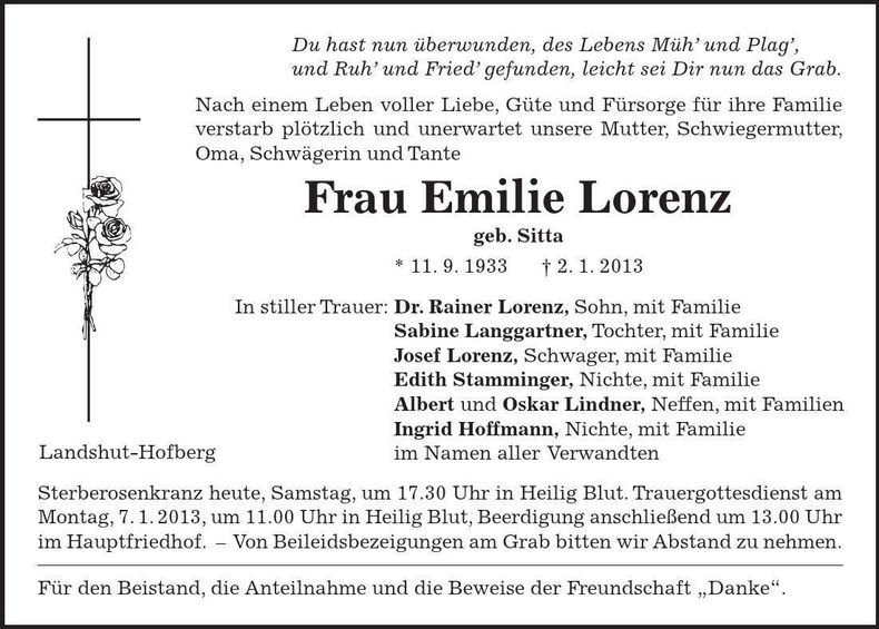Traueranzeige Emilie Lorenz