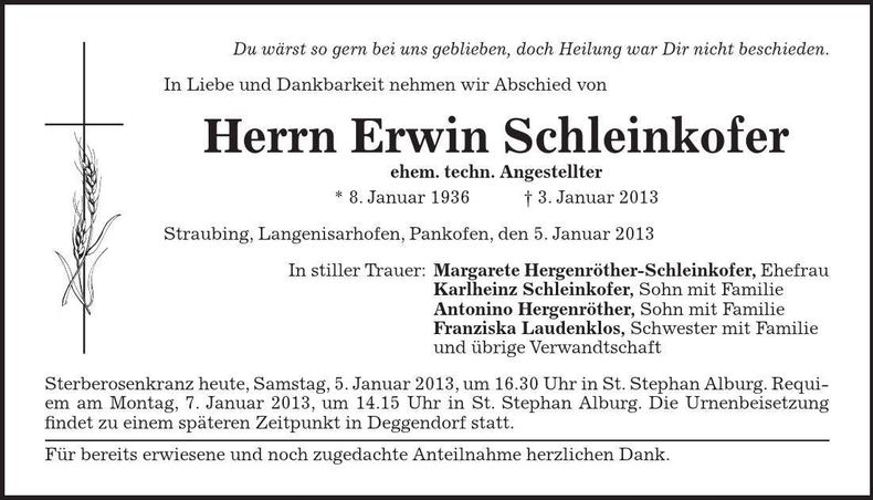 Traueranzeige Erwin Schleinkofer