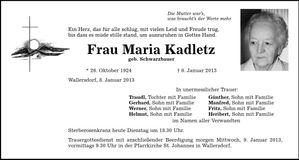 Traueranzeige Maria Kadletz