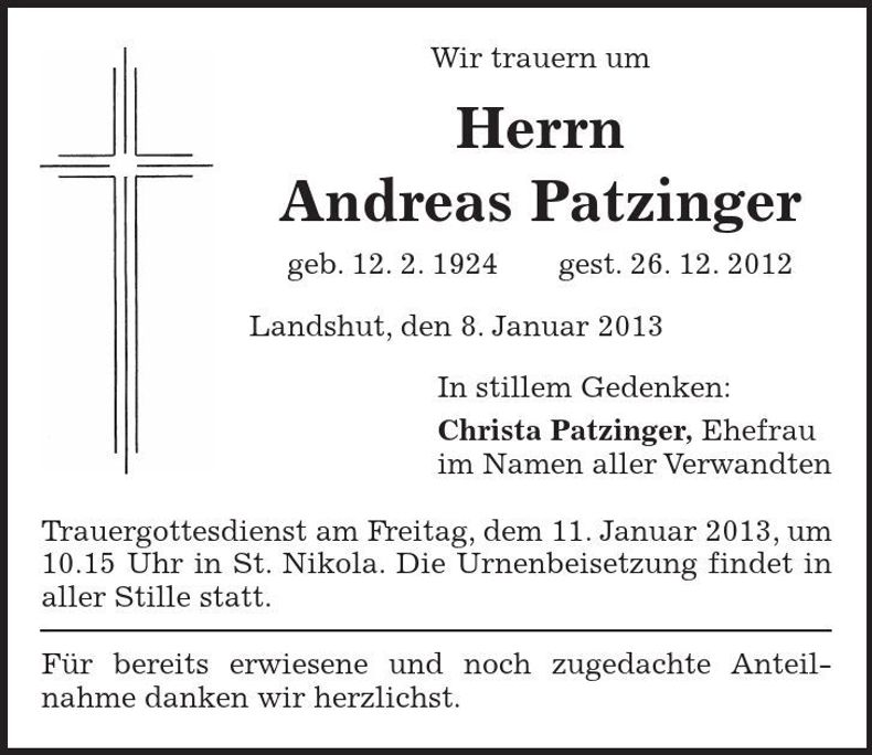 Traueranzeige Andreas Patzinger