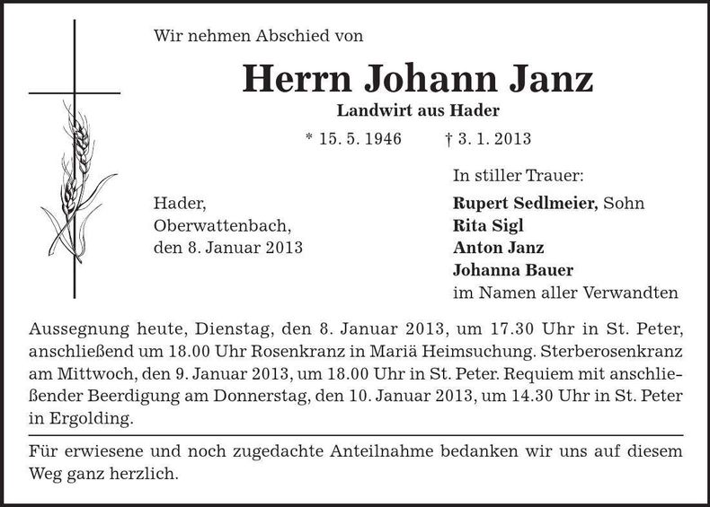 Traueranzeige Johann Janz