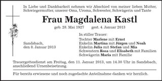 Traueranzeige Magdalena Kastl