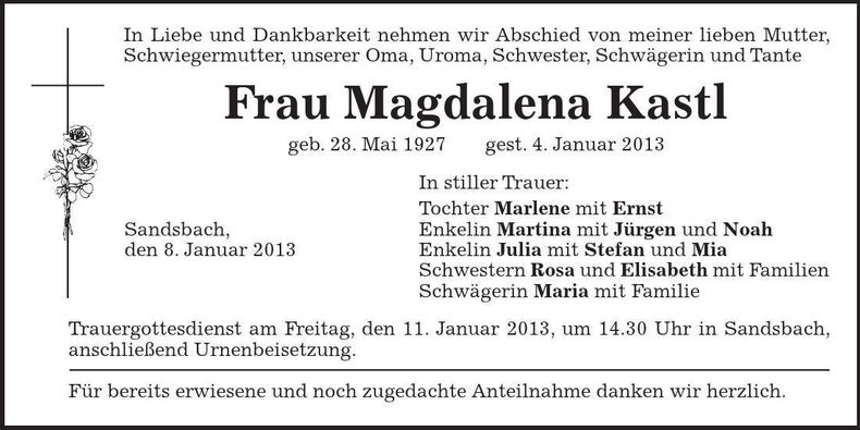Traueranzeige Magdalena Kastl