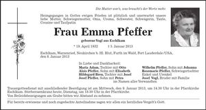 Traueranzeige Emma Pfeffer