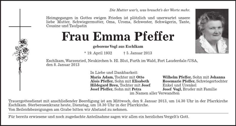 Traueranzeige Emma Pfeffer