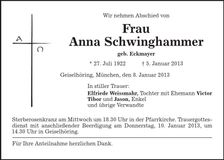 Traueranzeige Anna Schwinghammer