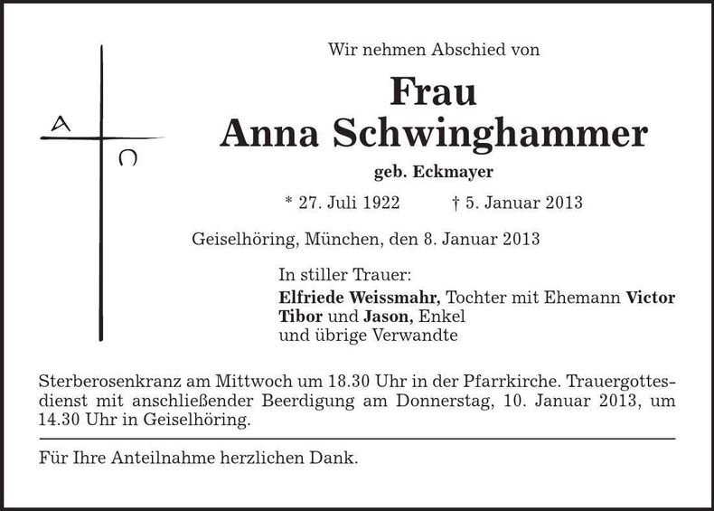 Traueranzeige Anna Schwinghammer