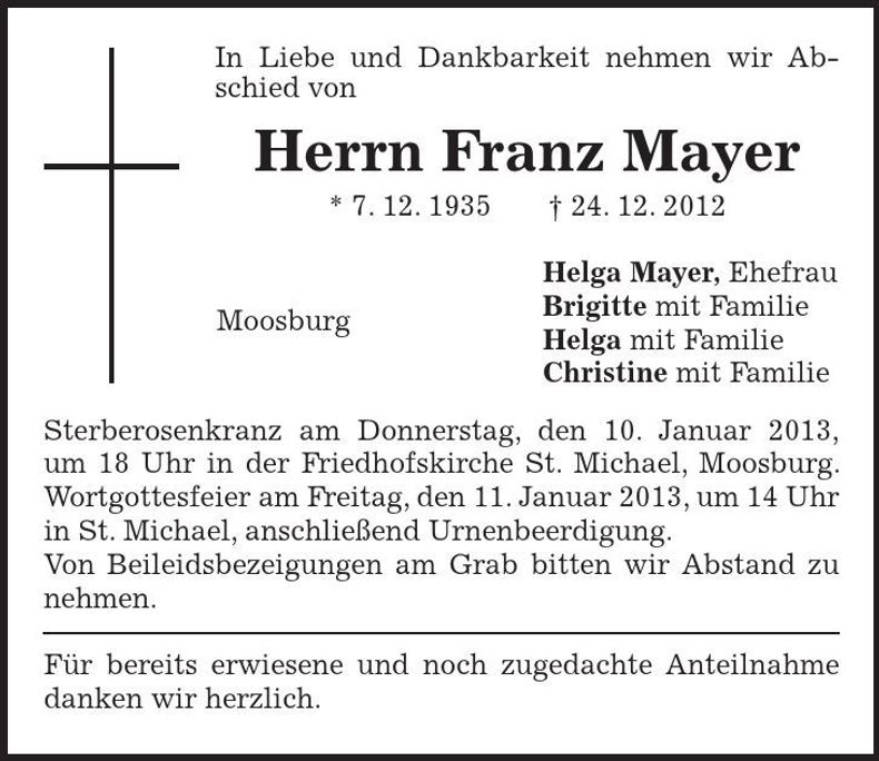 Traueranzeige Franz Mayer