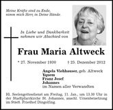 Traueranzeige Maria Altweck