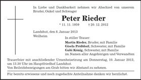 Traueranzeige Peter Rieder