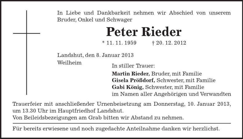Traueranzeige Peter Rieder