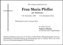 Traueranzeige Maria Pfeffer