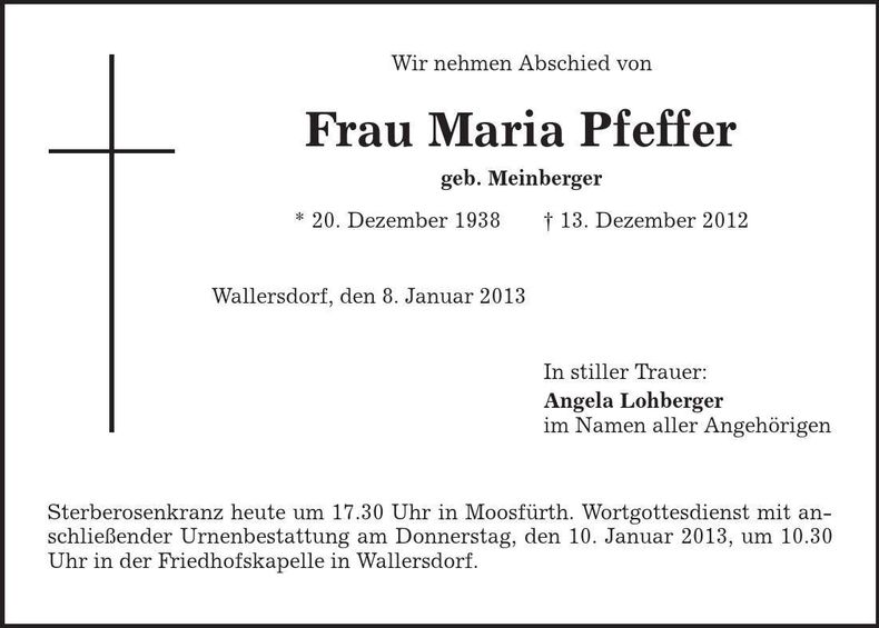 Traueranzeige Maria Pfeffer