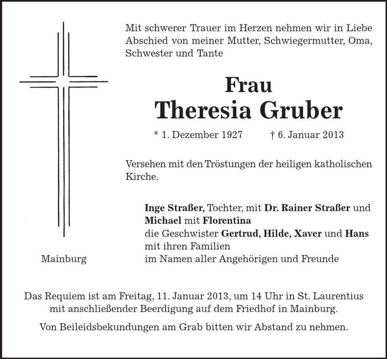 Traueranzeige Theresia Gruber