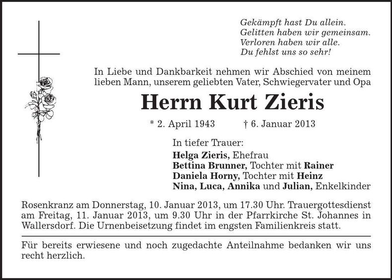 Traueranzeige Kurt Zieris
