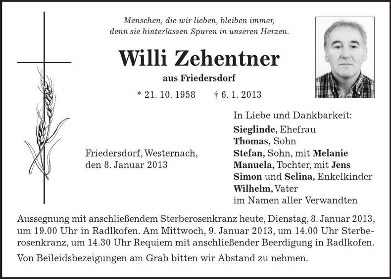 Traueranzeige Willi Zehentner