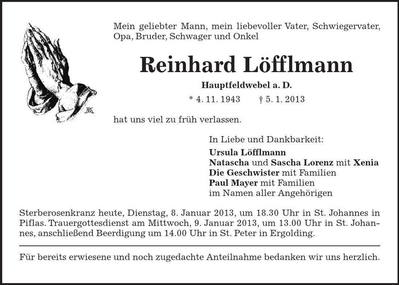 Traueranzeige Reinhard Löfflmann