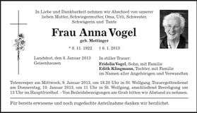 Traueranzeige Anna Vogel
