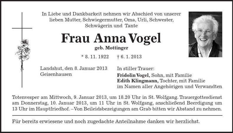 Traueranzeige Anna Vogel