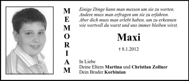 Traueranzeige Maximilian Zollner