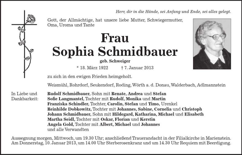 Traueranzeige Sophia Schmidbauer