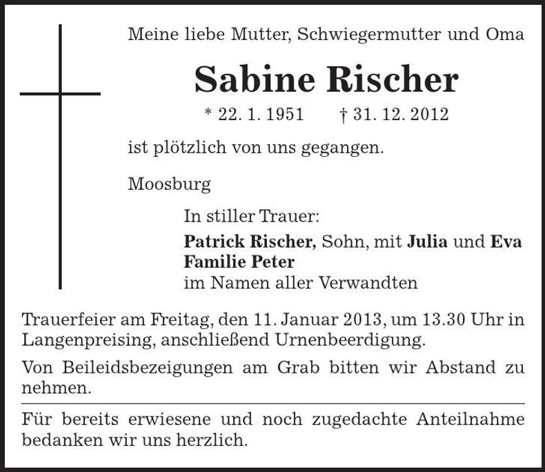 Traueranzeige Sabine Rischer