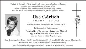 Traueranzeige Ilse Görlich