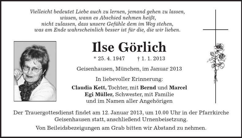 Traueranzeige Ilse Görlich