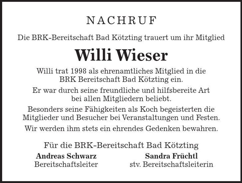 Traueranzeige Willibald Wieser