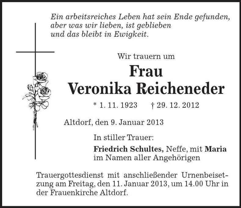 Traueranzeige Veronika Reichenender