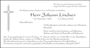Traueranzeige Johann Lindner