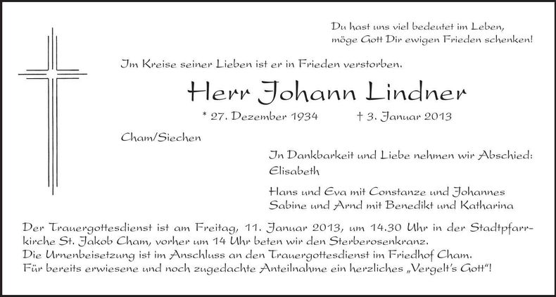 Traueranzeige Johann Lindner