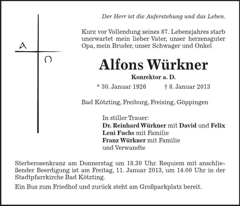 Traueranzeige Alfons Würkner
