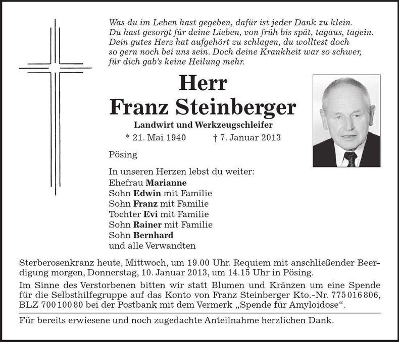 Traueranzeige Franz Steinberger