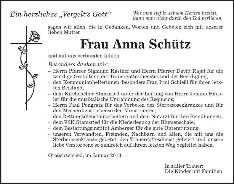 Traueranzeige Anna Schütz