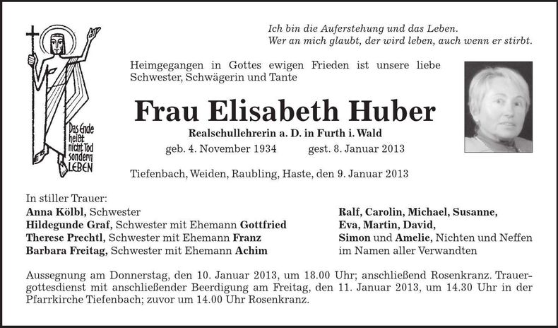 Traueranzeige Elisabeth Huber